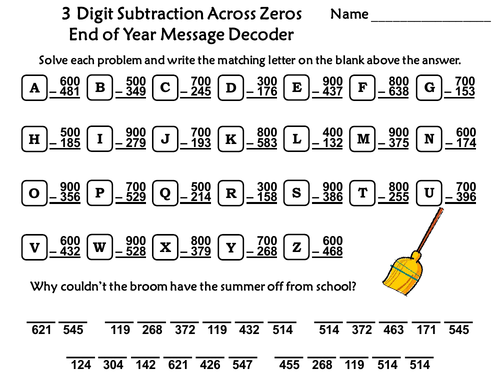 3 Digit Subtraction Across Zeros Game: End of Year Math Message Decoder