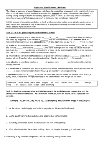 Word Classes worksheet KS3/4