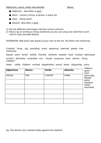 Word classes - Starter task