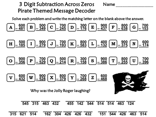 3 Digit Subtraction Across Zeros Game: Pirate Themed Math Message Decoder