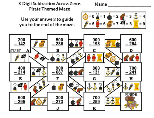 3 Digit Subtraction Across Zeros Game: Pirate Themed Math Maze