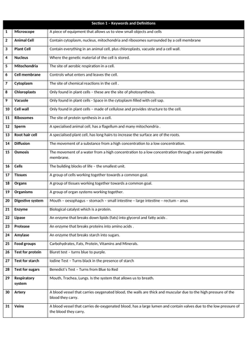 Cell Systems - Knowledge Organiser