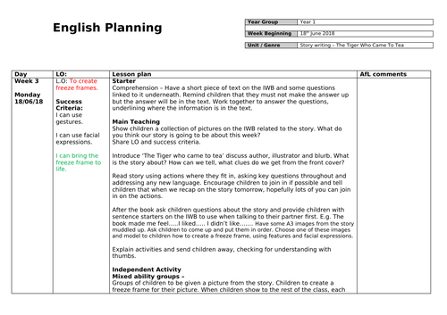 The Tiger Who Came to Tea Year 1 English planning