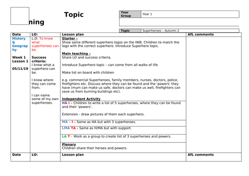 Superheroes topic planning Year 1