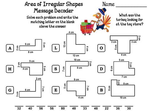 Area of Irregular Shapes Game: Thanksgiving Math Activity Message Decoder