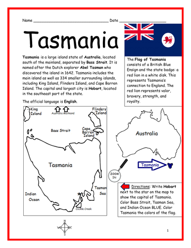 TASMANIA - Introductory Geography Worksheet