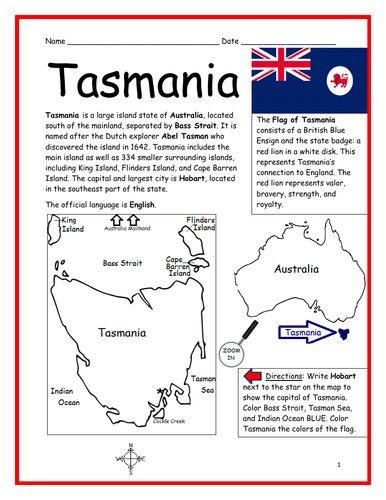 tasmania introductory geography worksheet teaching resources