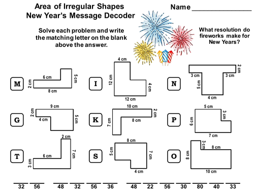 Area of Irregular Shapes Game: New Year's Math Activity Message Decoder