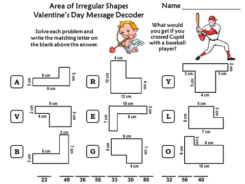 Area of Irregular Shapes Game: Valentine's Day Math Activity Message Decoder