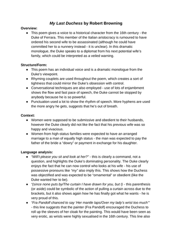 My Last Duchess by Robert Browning A Level English Lit revision guide