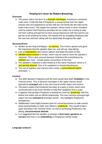 Porphyria's lover by Robert Browning AS Level English literature revision guide