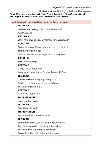 Much Ado About Nothing GCSE Exam Papers