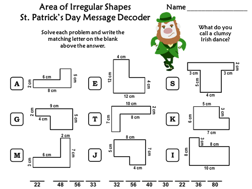 Area of Irregular Shapes Game: St. Patrick's Day Math Activity Message Decoder