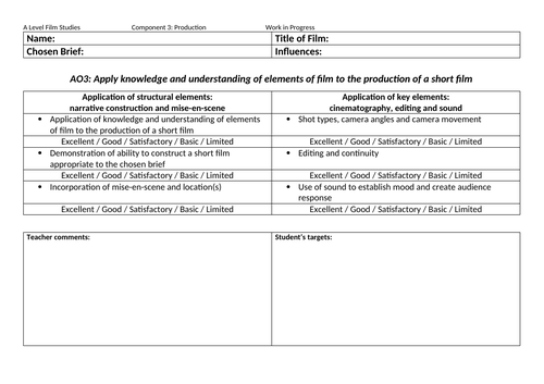 A Level Film Studies: Assessment sheet for coursework in progress
