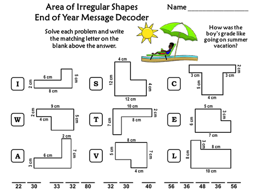 Area of Irregular Shapes Game: End of Year Math Activity Message Decoder
