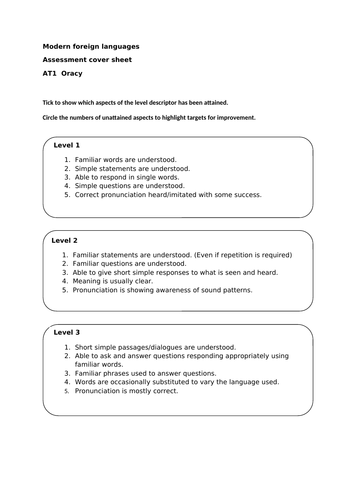 Assessment cover sheet all languages MFL for Oracy KS3 Excellent Resource