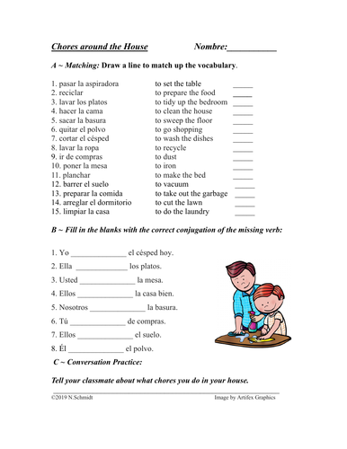 spanish chores worksheet los deberes los quehaceres limpiar lavar teaching resources