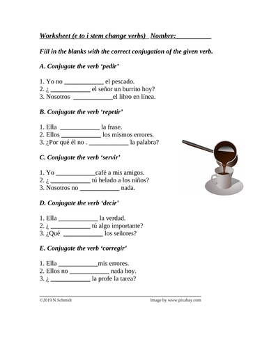 Spanish Stem Changing Verbs E to I Worksheet (servir, pedir, repetir