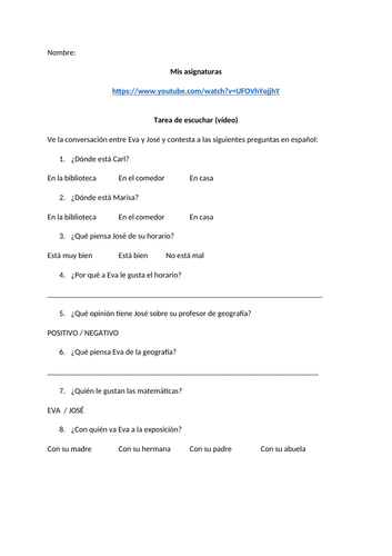 Spanish School Subjects Video Task