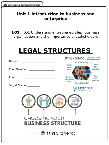 Business Studies:  Legal Structures (types of ownership's) Ideal for NCFE Business and Enterprise