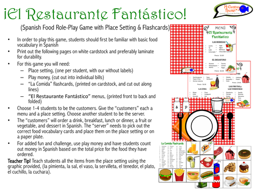 “El Restaurante Fantástico” (Spanish Role-Play Game with Flashcards)