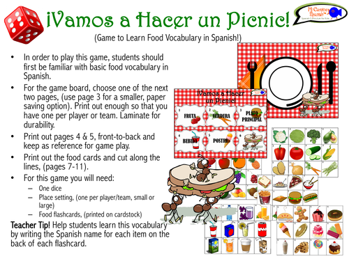 Spanish Picnic Game! (Game to Learn Food Vocabulary in Spanish!)