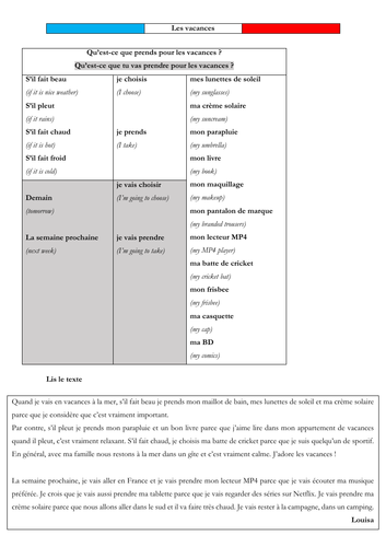 French - KS3 - holiday vacances - near future  (Allez 1 7.2)