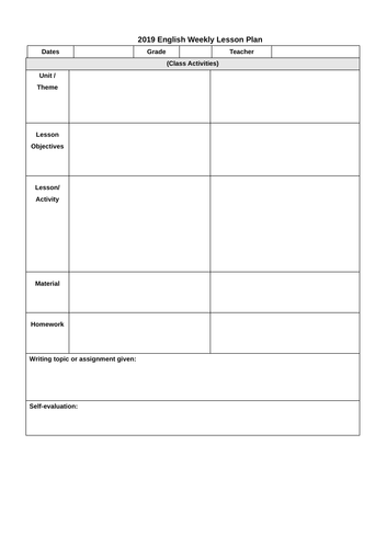 Blank lesson plan (weekly)