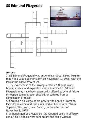 SS Edmund Fitzgerald Crossword Teaching Resources