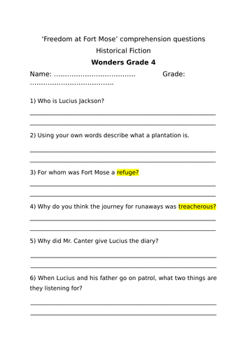 Grade 4  Wonders (McGraw-Hill) Reading Comprehension Unit 6 week 2