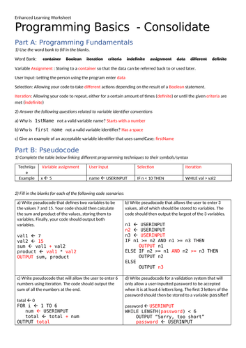 Programming Basics (Pseudocode) - Enhanced Learning Worksheet + Answers