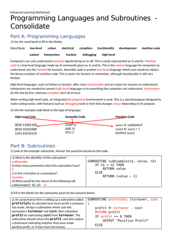 Programming Languages and Subroutines - Enhanced Learning Worksheet + Answers