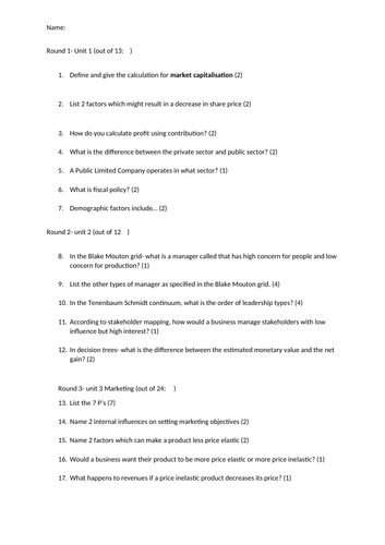 Year 1 topic quiz Business AQA