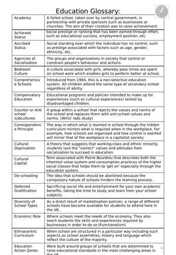 GCSE Sociology - Education Key Terms Glossary