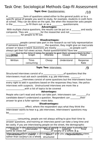 AQA GCSE Sociology Research Methods Gap Fill Revision Activity