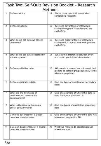 GCSE Sociology - Research Methods Self Quiz