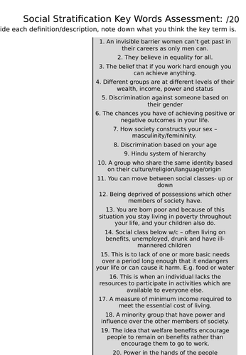 GCSE Sociology - Social Stratification Key Terms Assessment