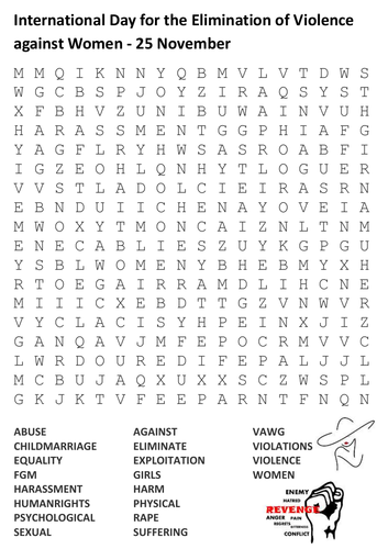 International Day for the Elimination of Violence against Women Word Search