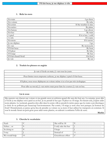 French - GCSE - transports (reading - Sentence builders)
