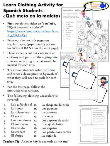 Learn Clothing Activity for Spanish Students - ¿Qué meto en la maleta?