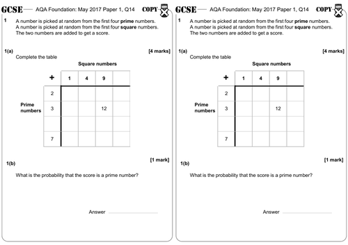 Sample Space Diagrams - GCSE Questions - Foundation - AQA