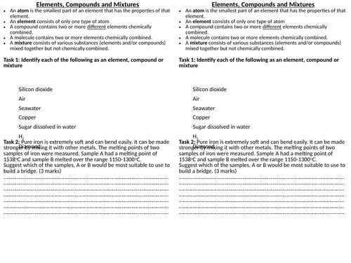 elements compounds and mixtures worksheet