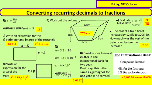 Converting recurring decimals to fractions