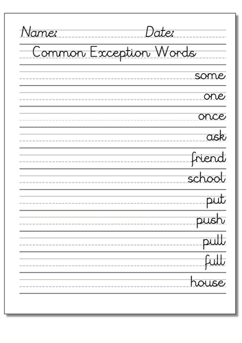 Year 1 Common Exception Words Handwriting for Left Handers
