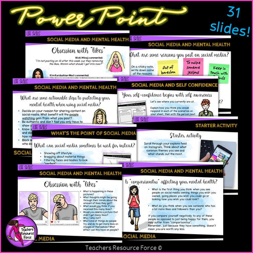 Social Media and Mental Health Social Emotional Learning (PowerPoint, Printables & Discussion Cards)