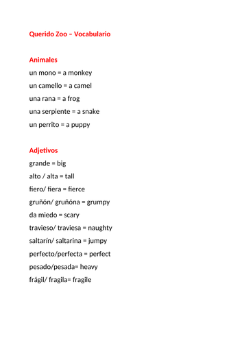 Querido Zoo - vocabulary list