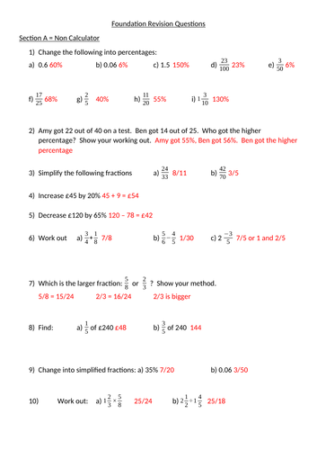 GCSE Foundation - Revision Questions on Fractions, Decimals and Percentages