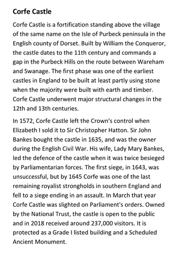 Corfe Castle Handout
