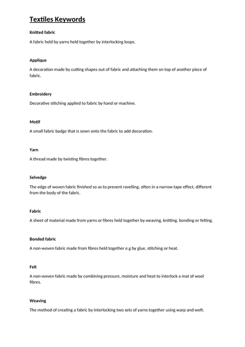 GCSE AQA TEXTILES KEYWORDS REVISION