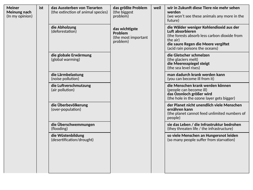 GCSE German Environmental Problems Sentence Builder